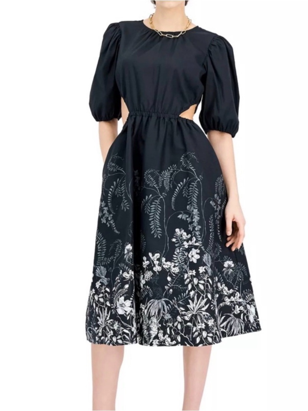 INC International Concepts Black Midi Dress with White Floral Hem Side Cutouts